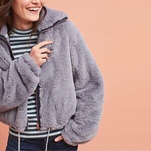 Anthropologie Elevenses Gray Faux Fur Jacket Size Small
